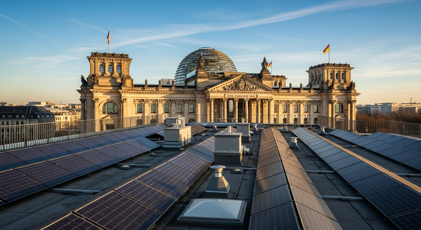 Reichstagsgebäude vor Berliner Himmel, im Vordergrund ein Wohndach mit Photovoltaikanlage – Symbolbild zum Gebäudemodernisierungsgesetz 2026