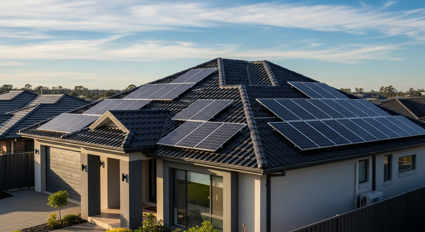 Wohnhausdach mit Photovoltaik-Modulen auf Ost- und West-Dachfläche, symbolisch für die Abkehr von der reinen Süd-Ausrichtung