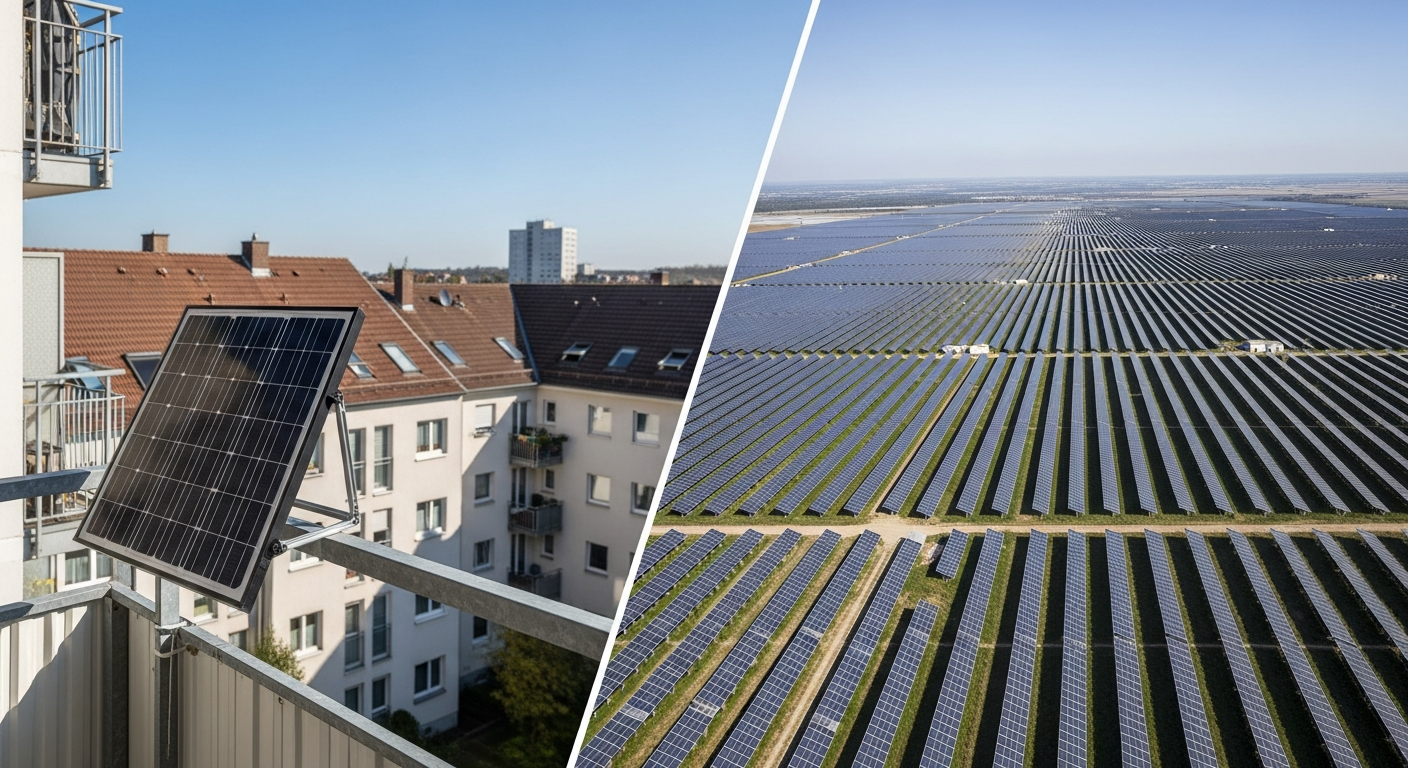 Kontrast zwischen Balkonkraftwerk an einer Hausfassade und einem großen Freiflächensolarpark